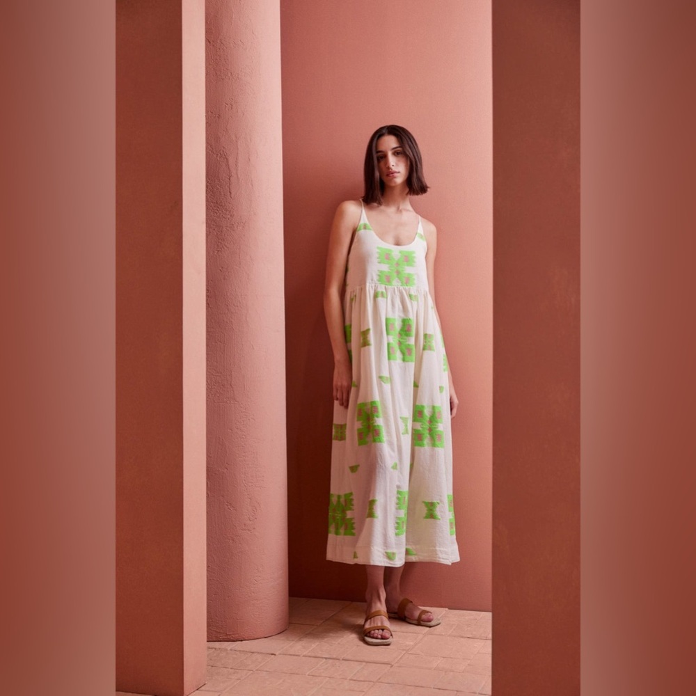 Devotion Twins Cotton Maxi Dress Embroidered Neon Green Greek Resort Dress